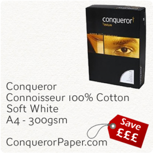 PAPER - CONNOISSEUR.23279C, TINT:SoftWhite, FINISH:Cotton, PAPER:300gsm, SIZE:A4-210x297mm, QUANTITY:100Sheets, WATERMARK:No