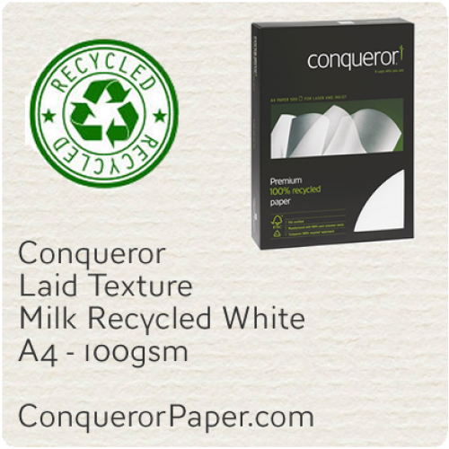 RECYCLED PAPER Laid.25718C, TINT:MilkWhite, FINISH:Laid, PAPER:100gsm, SIZE:A4, QUANTITY:250Sheets, WATERMARKED:Yes