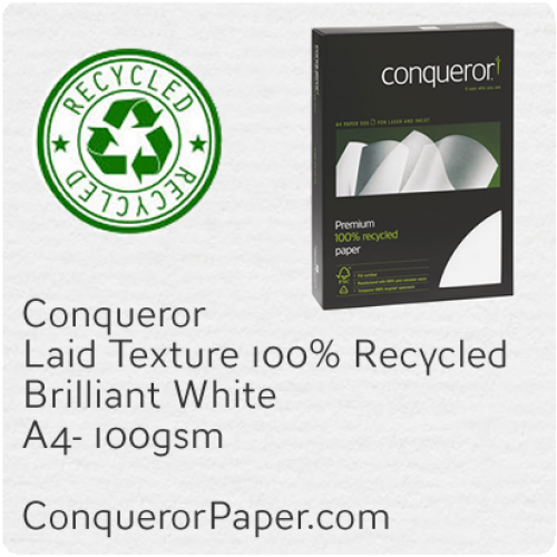 PAPER - Laid.41119C, TINT:BrilliantWhite, FINISH:Laid, PAPER:100gsm, SIZE:A4-210x297mm, QTY:250Sheets, WATERMARK:Yes, 100%Recycled