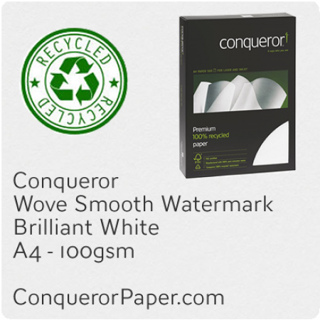 PAPER - Wove.41103C, TINT:BrilliantWhite, FINISH:Wove, PAPER:100gsm, SIZE:A4-210x297mm, QTY:250Sheets, WATERMARK:Yes, 100%Recycled