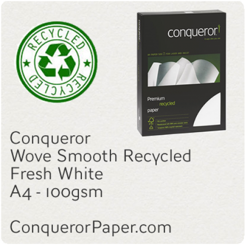 RECYCLED PAPER Wove.96815C, TINT:FreshWhite, FINISH:Wove, PAPER:100gsm, SIZE:A4, QUANTITY:250Sheets, WATERMARKED:Yes